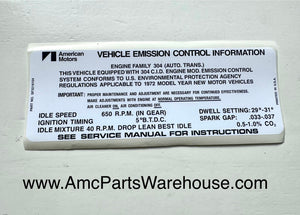 1972 AMC 304 V8 ENGINE EMISSIONS DECAL AUTO