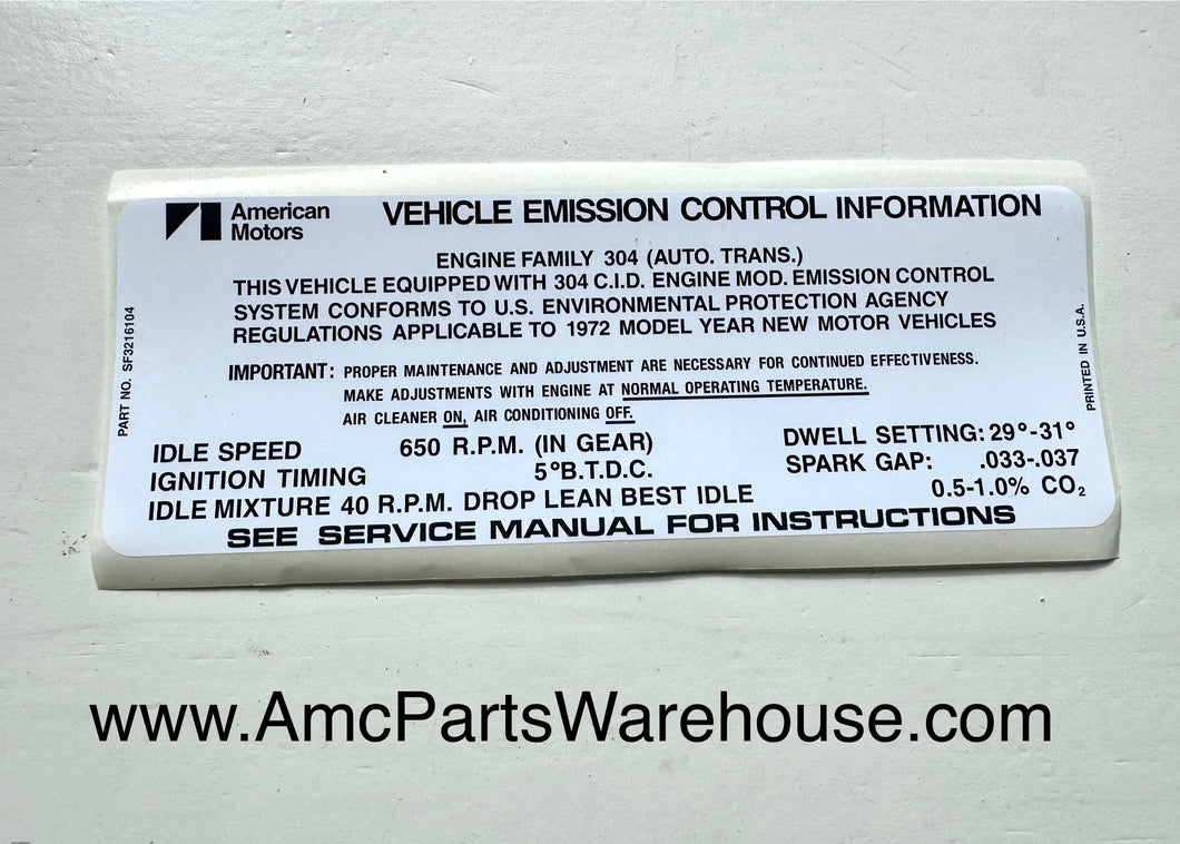 1972 AMC 304 V8 ENGINE EMISSIONS DECAL AUTO