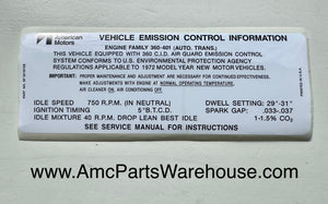 1972 AMC 360 V8 ENGINE EMISSIONS DECAL AUTO