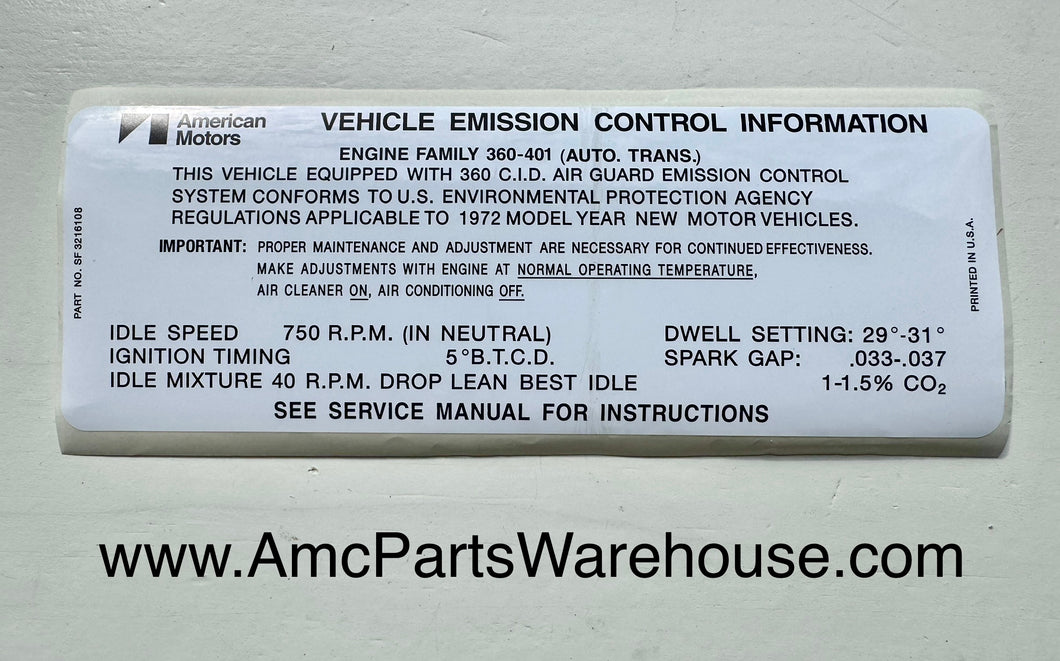 1972 AMC 360 V8 ENGINE EMISSIONS DECAL AUTO