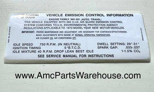 1972 AMC 360 V8 ENGINE EMISSIONS DECAL AUTO