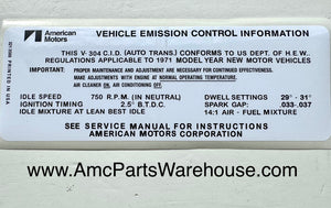 1971 AMC 304 V8 ENGINE EMISSIONS DECAL AUTO