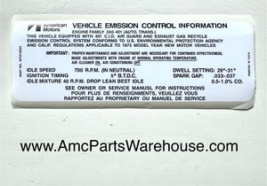 1973 AMC 401 V8 ENGINE EMISSIONS DECAL AUTO