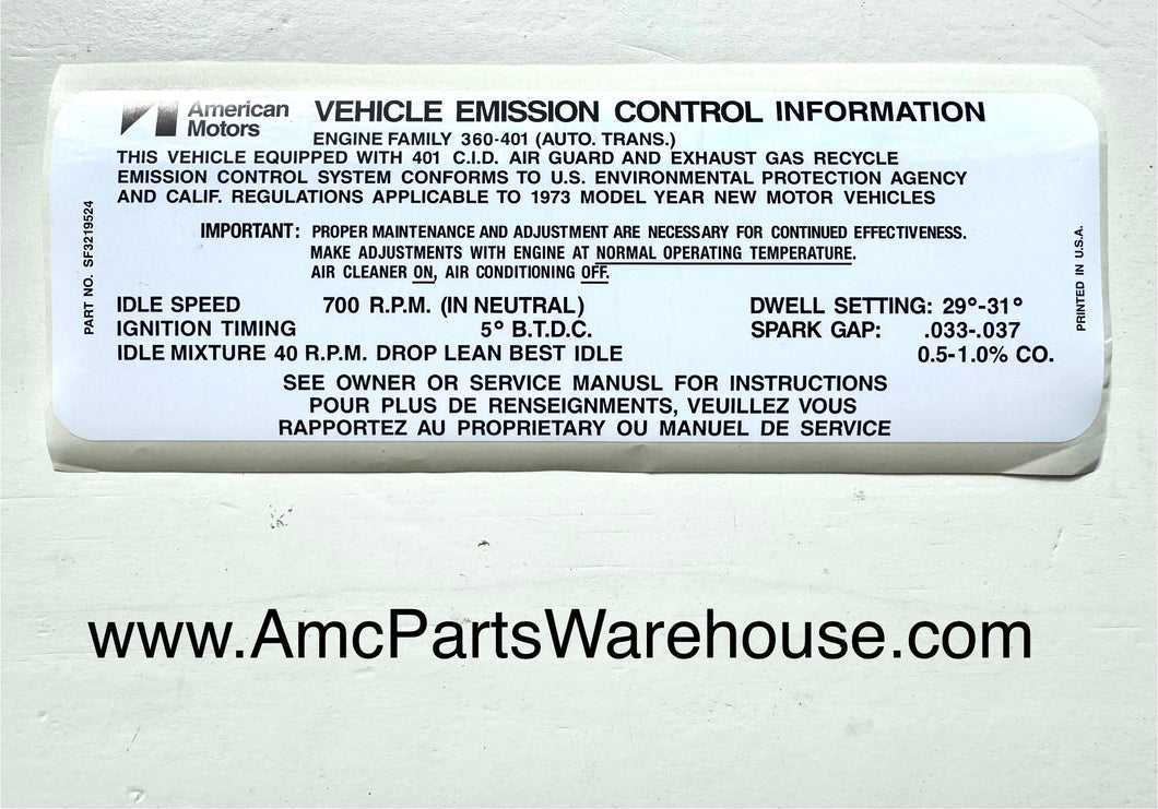 1973 AMC 401 V8 ENGINE EMISSIONS DECAL AUTO
