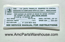 Load image into Gallery viewer, 1969 AMC and RAMBLER V8 EMISSIONS DECAL with AUTO TRANS
