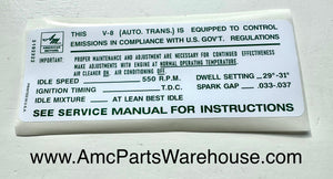 1969 AMC and RAMBLER V8 EMISSIONS DECAL with AUTO TRANS