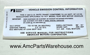 1971 AMC 360 V8 ENGINE EMISSIONS DECAL AUTO