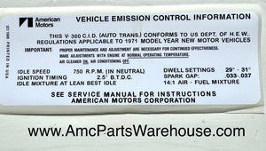 1971 AMC 360 V8 ENGINE EMISSIONS DECAL AUTO