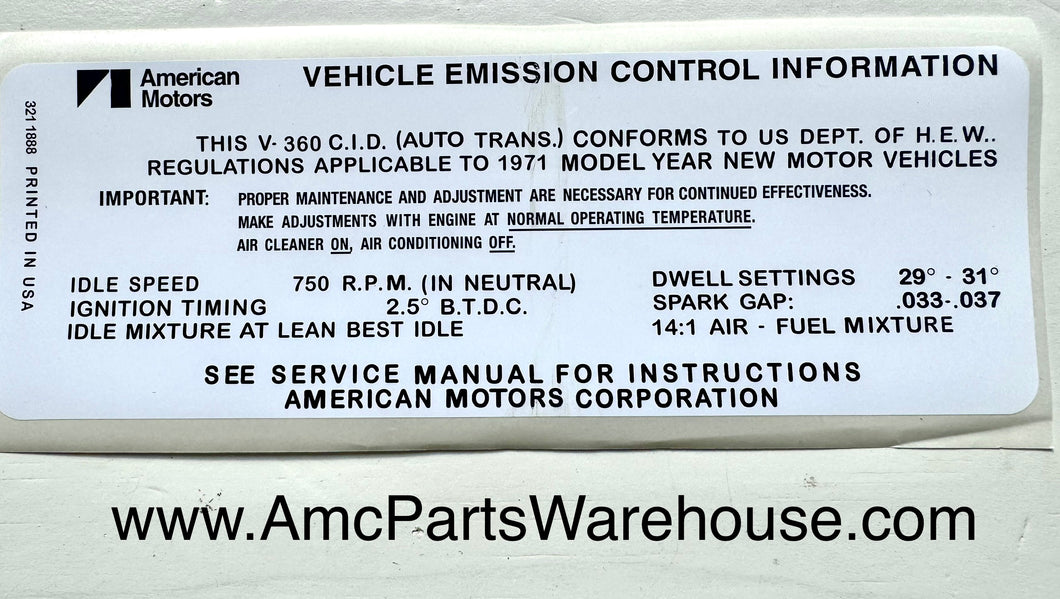 1971 AMC 360 V8 ENGINE EMISSIONS DECAL AUTO