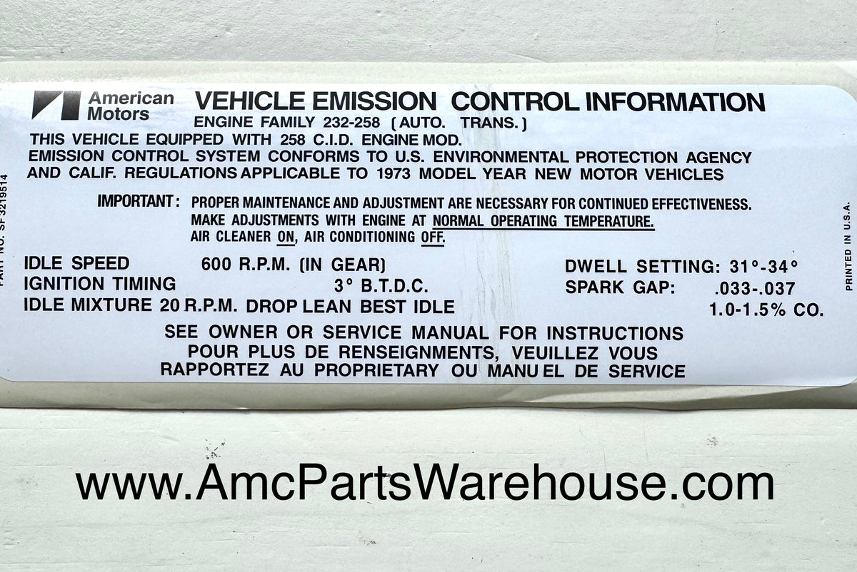 1973 AMC 258 ENGINE EMISSIONS DECAL AUTO – AMC Parts Warehouse
