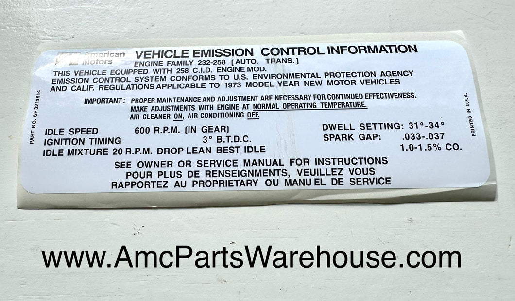 1973 AMC 258 ENGINE EMISSIONS DECAL AUTO
