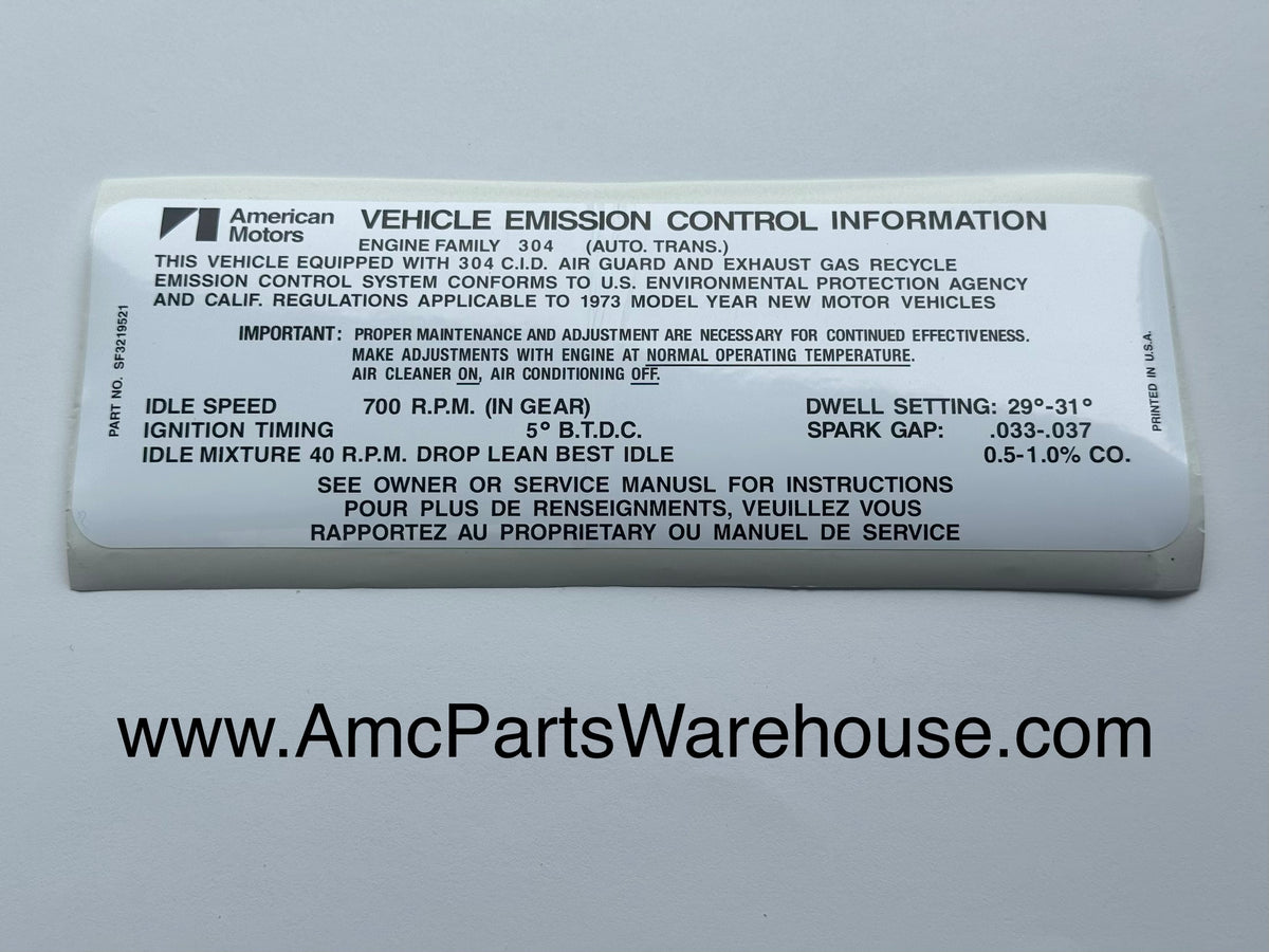 1973 AMC 304 V8 ENGINE EMISSIONS DECAL AUTO – AMC Parts Warehouse
