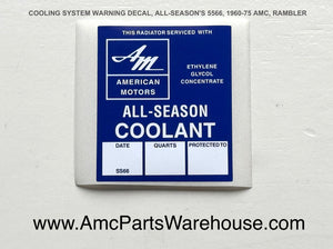 Cooling System Warning Decal, All Season 5566, 1960-75 AMC, Rambler